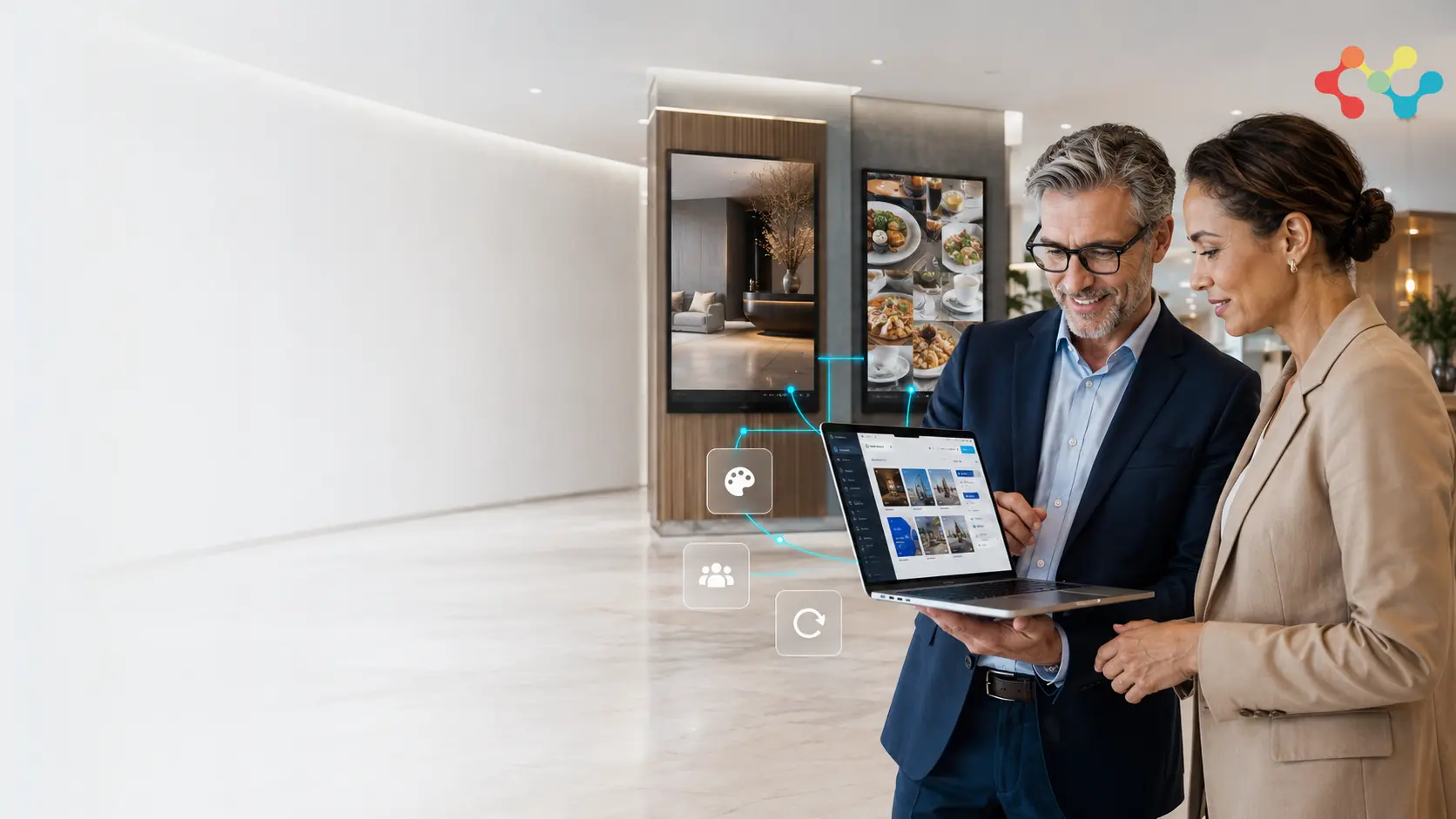Digital signage partners reviewing a connected hospitality signage deployment