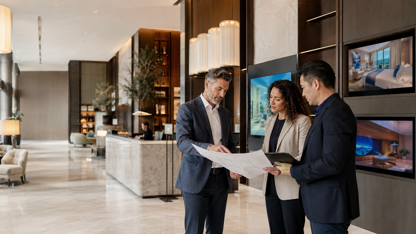 Hotel developer, designer and technology partner planning a connected digital signage experience