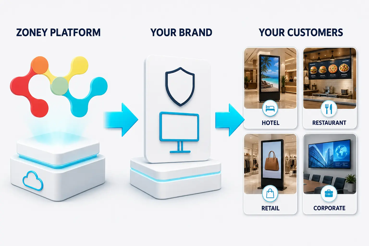 Zoney platform flowing through a partner brand to hotel, restaurant, retail and corporate customers
